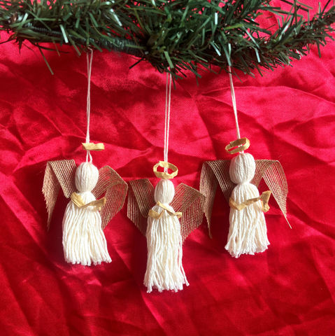 Mini hanging angels with cream tassel bodies, burlap ribbon wings and paper raffia arms and halos