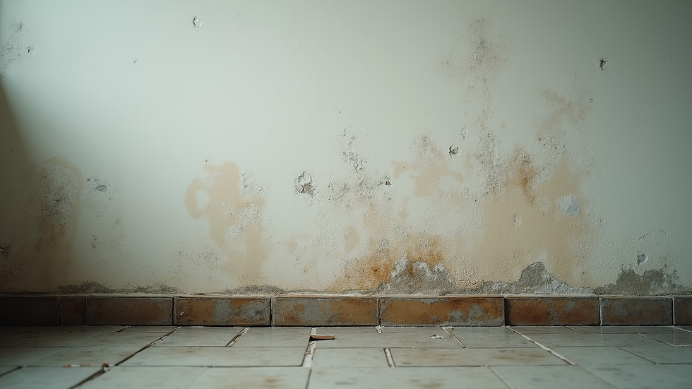Eye-level view of damp wall with visible water stains and mould