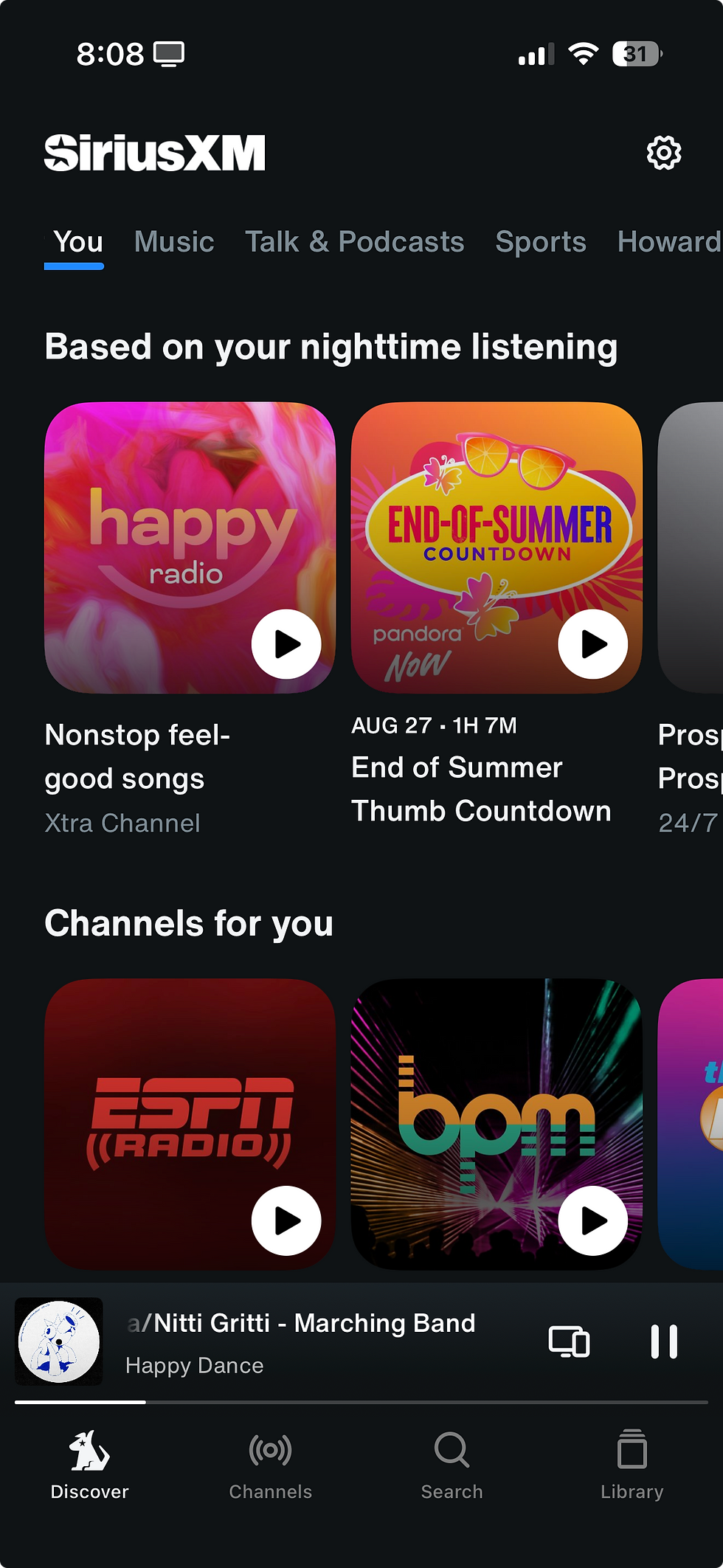 The Discover tab features For You, Music, Talk & Podcasts, Sports, and Howard