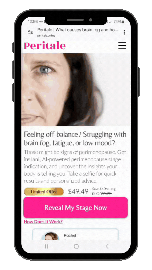 Animated walkthrough of Peritale website interface showing test results