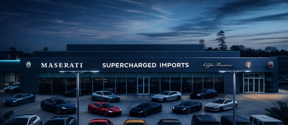 Car dealership at dusk with illuminated "Maserati Supercharged Imports" sign. Several cars, including red and yellow, are parked in front located in Spring Texas, also known as Northside Imports