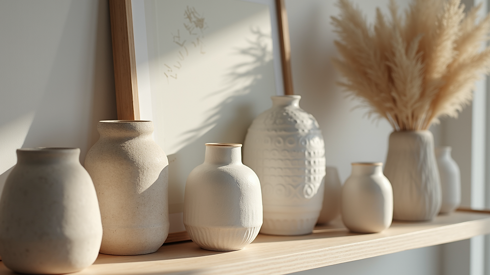 Close-up view of a living room shelf with decorative items arranged by size