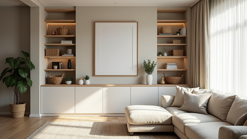 High angle view of a living room with built-in shelves and decorative baskets