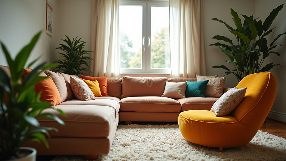 Eye-level view of a cozy living room with colorful cushions and plants