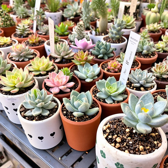 המון סקולנטים קטנים בתוך עציצים