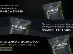 A pure-black 16:9 poster with three diagonal wavy charcoal bands, three premium pouch-style modules labeled “IN-HOUSE,” “SPECIALIST,” and “STRATEGIST,” and bold text blocks reading “YOU NEED A SYSTEM” and “NO MORE LEAD LEAKS,” plus a small “Get the checklist” button.