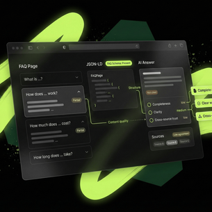 Screenshot style visual of an FAQ page with JSON-LD FAQ schema next to an AI answer panel showing “not cited” due to incomplete answers and low cross source trust