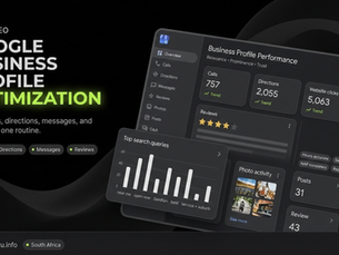 Black-and-lime 16:9 poster with a bold “Google Business Profile Optimization” headline on the left and a tilted, layered Business Profile performance dashboard on the right, showing cards for calls, directions, messages, reviews, photos, posts, and top search queries.