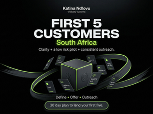 Black-and-lime 16:9 poster with the headline “FIRST 5 CUSTOMERS” and “South Africa,” featuring a central 3D charcoal cube with lime rim light and multiple floating mini cards labeled “Pilot offer,” “Outreach,” and “Follow up,” plus a bottom CTA pill reading “30 day plan to land your first five.”