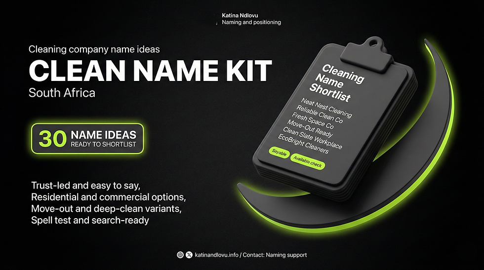 A pure-black 16:9 ad-style poster with the headline “CLEAN NAME KIT,” a badge reading “30 NAME IDEAS,” and a 3D stack of shortlist cards showing example cleaning company names with lime accents.