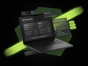 3D render of a laptop showing a “Service quotes” comparison screen for Quote A vs Quote B, paired with a neon green competence checklist highlighting process, warranty, and expertise, set on a dark background with green brush-stroke accents.