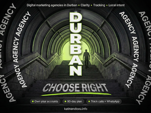 Black-and-lime 16:9 poster of a dramatic tunnel with stairs and a small silhouette walking upward, featuring a vertical “DURBAN” title in the center, curved repeating “AGENCY” text on both sides, and “CHOOSE RIGHT” projected on the steps.