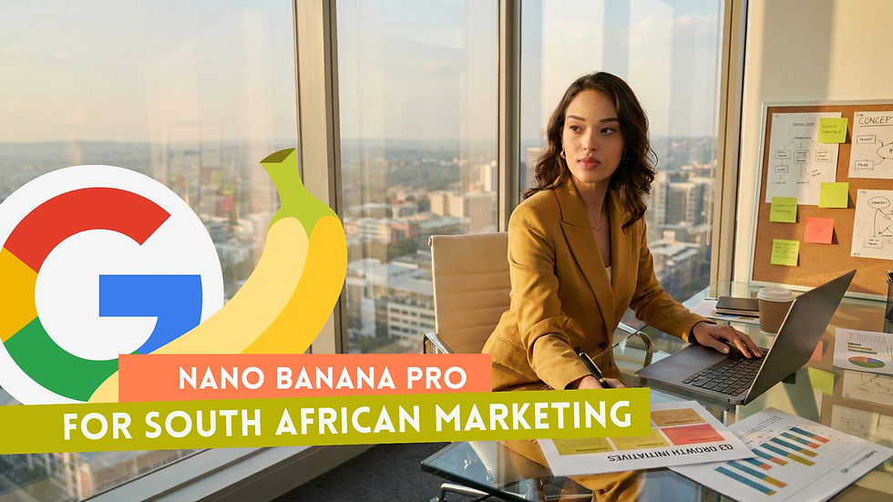 Professional businesswoman in a mustard suit working on a laptop in a Sandton office, analyzing Nano Banana Pro features for South African marketing.