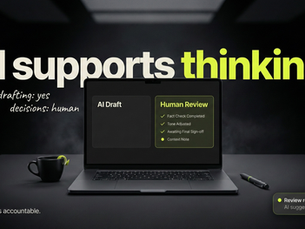 Dark 16:9 scene with a laptop on a table and bold overlay text reading “AI supports thinking,” styled in off-white with lime #D4FC3C accents, plus a small review notification card in the bottom-right on a pure black background.
