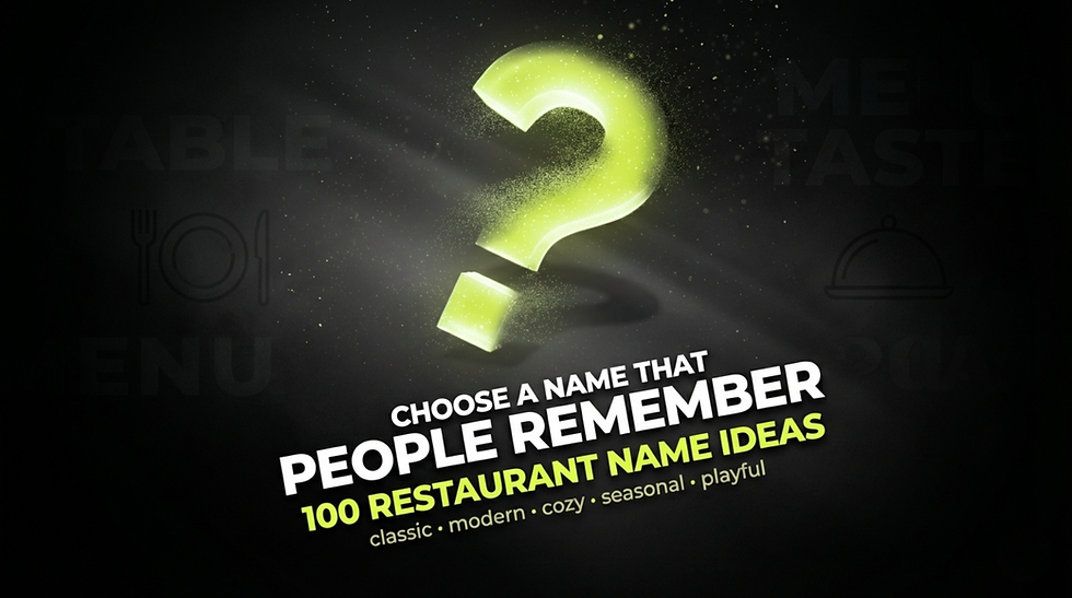 Dark premium graphic with a glowing lime 3D question mark above bold text highlighting “100 restaurant name ideas” with subtle particles and a smoky black background.