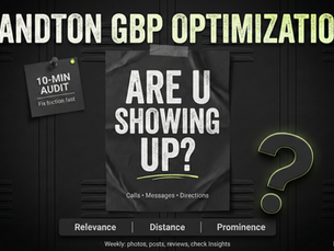 Black-and-lime 16:9 gritty poster on a locker-style background reading “SANDTON GBP OPTIMIZATION,” with a pinned “10-min audit” note, a wrinkled central paper saying “ARE U SHOWING UP?”, and a large question mark.