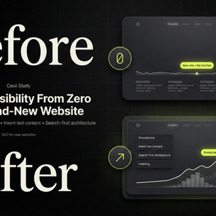Black editorial before-and-after layout showing two stacked website-style cards—top labeled “Before” with near-zero traction visuals, and bottom labeled “After” with upward growth charts and SEO foundation modules—highlighting organic visibility growth for a brand-new website.