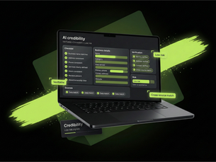 3D render of a laptop displaying an “AI credibility” dashboard with checklists for consistent business details, verification steps, and low risk status, accented by neon green labels like verifiable and cross-source match on a dark background with green brush strokes.