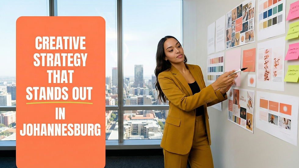 A South African marketing strategist in a Johannesburg high rise creative studio, standing in front of a wall covered with moodboards, colour palettes, and campaign concepts, with a bold headline that reads “Creative strategy that stands out in Johannesburg.”