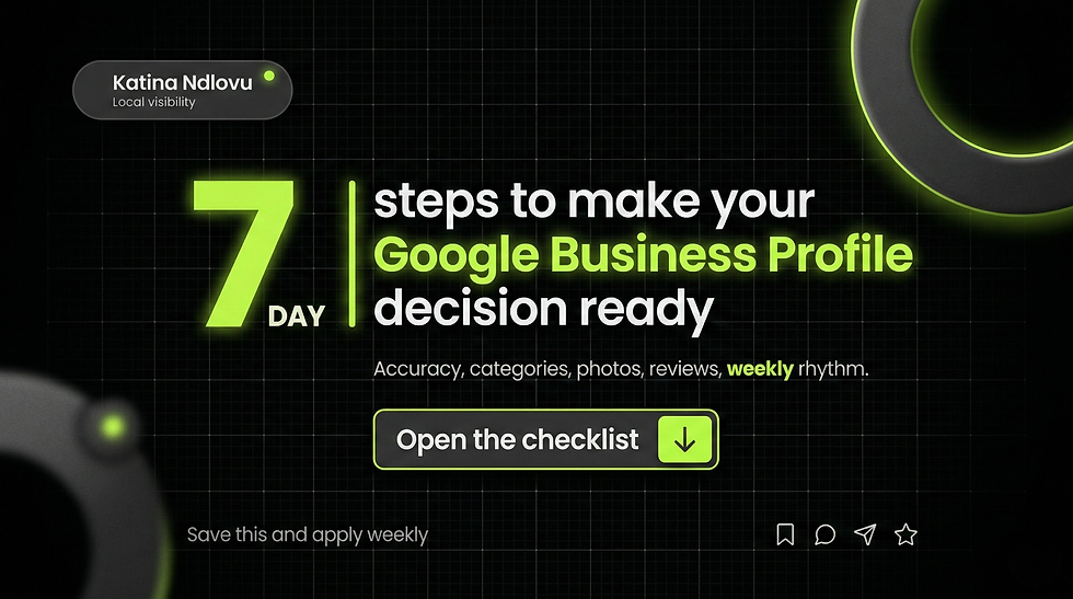 Black-and-lime 16:9 poster with a 7-day callout and grid background, headline reading Make Your Google Business Profile Decision-Ready with a checklist button below.