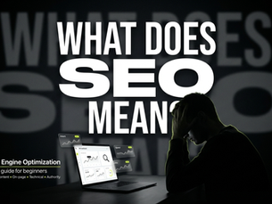 Dark, premium hero image with a laptop showing a minimal SEO dashboard, an anonymous silhouette at a desk, and large white headline text reading “What Does SEO Mean?” with lime accents.