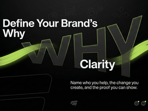 Dark black poster-style hero graphic with bold headline “Define Your Brand’s Why,” a huge translucent warped “WHY” in the background, a “Clarity” emphasis word, two outlined panels on the left, a short proof-led paragraph on the right, and lime accent glow details.