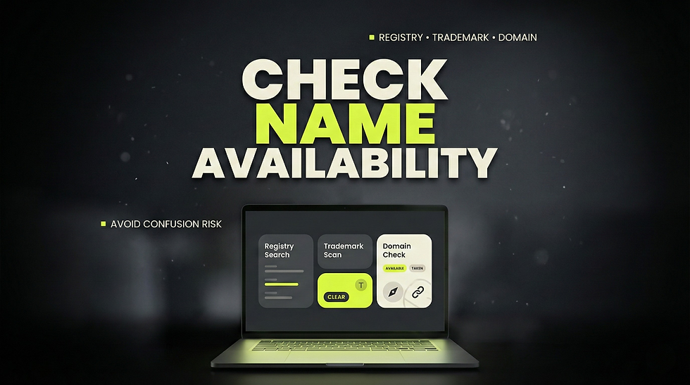 Dark 16:9 poster with a bold stacked headline “CHECK NAME AVAILABILITY” in off-white and lime, small checklist callouts, and a laptop at the bottom showing an abstract workflow dashboard for registry search, trademark scan, and domain check in a blurred moody workspace.