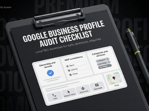 A black-background 3D hero graphic showing a tilted clipboard with a “Google Business Profile Audit Checklist” headline and a clean local SEO dashboard panel, with a pen on the right and subtle lime accents.