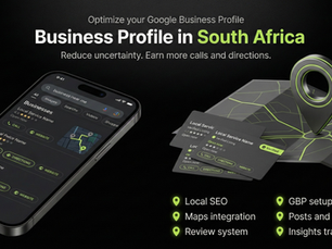 Black-and-lime 16:9 graphic showing a tilted phone with search and map-style business listings, a folded map with a large location pin, and a bottom feature list for Google Business Profile optimization in South Africa.
