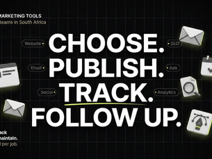 Dark 16:9 grid-based infographic with a bold stacked headline (“Choose. Publish. Track. Follow up.”), surrounded by small monochrome 3D tool icons (website, email, calendar, SEO, ads, analytics) and subtle lime accents, plus a short header and CTA text.