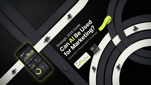 Top-down dark hero image with an abstract data intersection, small figures, and a tablet showing analytics for an AI marketing guide.