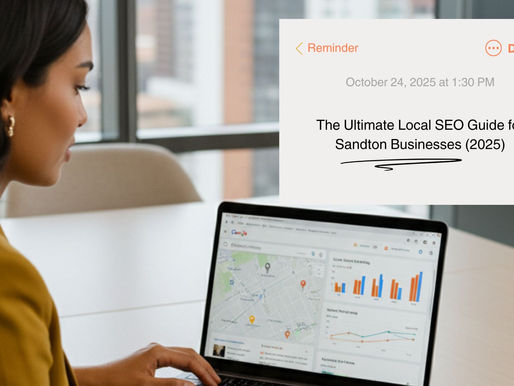 A businesswoman in a mustard suit reviewing Google Maps analytics on her laptop in a modern Sandton office. A digital reminder highlights “The Ultimate Local SEO Guide for Sandton Businesses (2025).”