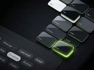 A pure-black, dark-mode UI scene at a dramatic angle with a diagonal cascade of glossy rounded tiles in charcoal and lime accents, suggesting office space search filters for major South African cities.