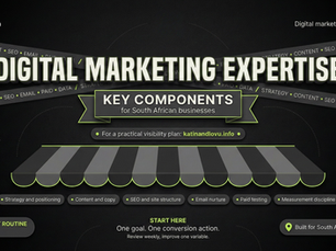 Black-and-lime 16:9 poster with diagonal tape accents, a bold “Digital Marketing Expertise” headline, a central “Key Components” banner, a stylized storefront awning, and chips listing strategy, content, SEO, email, paid testing, and measurement.