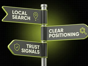 Dark, premium hero image with a central metallic signpost holding three arrow signs labeled “LOCAL SEARCH,” “CLEAR POSITIONING,” and “TRUST SIGNALS,” styled in charcoal with subtle lime accents on a black textured background.
