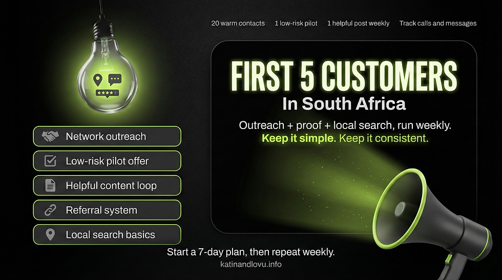 Black-and-lime 16:9 poster with a glowing hanging lightbulb on the left, a five-step action list for getting your first customers, and a bold headline on the right reading “First 5 Customers in South Africa,” with a charcoal megaphone and lime signal beam.