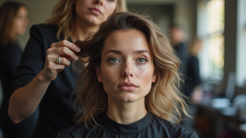 Eye-level view of a stylist working on a client's hair