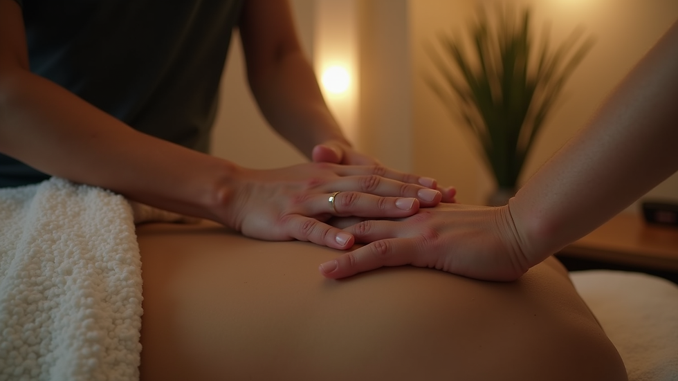 Close-up view of hands gently massaging a person's back in a calm, dimly lit room