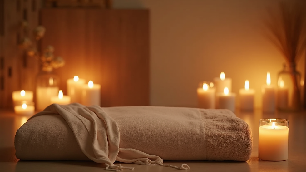High angle view of a serene space with candles and soft fabrics for tantric massage