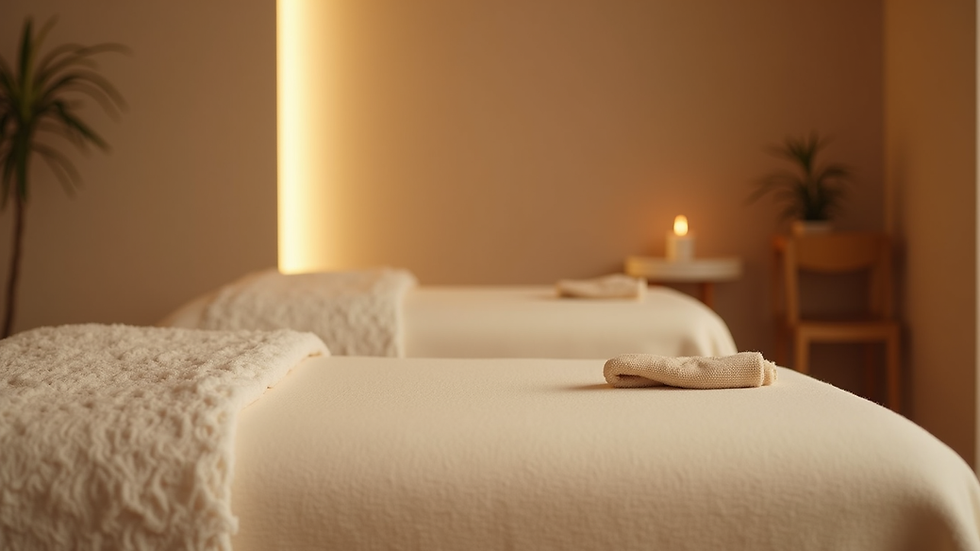 Close-up view of a serene massage room with soft lighting and calming decor