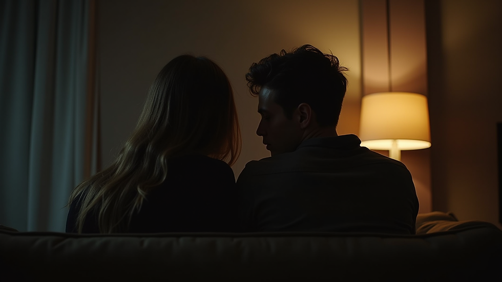 Eye-level view of a couple sitting close together in a dimly lit room