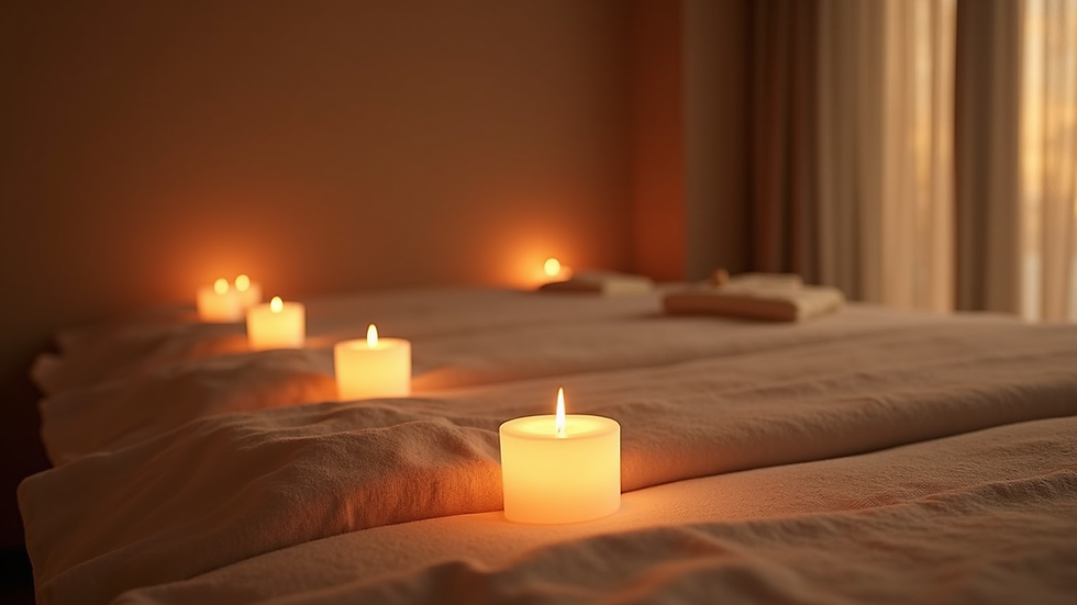 Eye-level view of a softly lit room with cushions and candles arranged for a tantric massage session