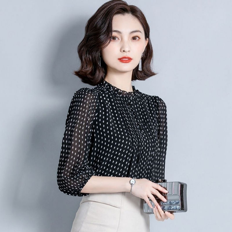 Thumbnail: Women Spring Autumn Style Chiffon Blouses Shirts Lady Casual Long Sleeve O-Neck 