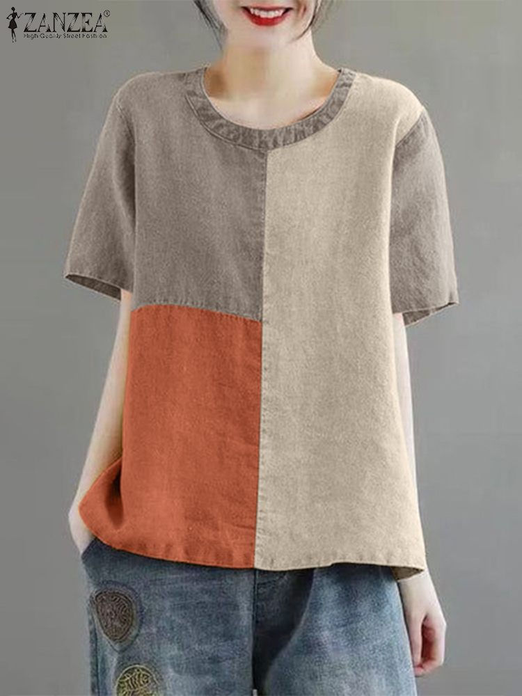 Thumbnail: ZANZEA Women Patchwork Blouse 2026 Summer Short Sleeve Tunics Fashion Round Neck