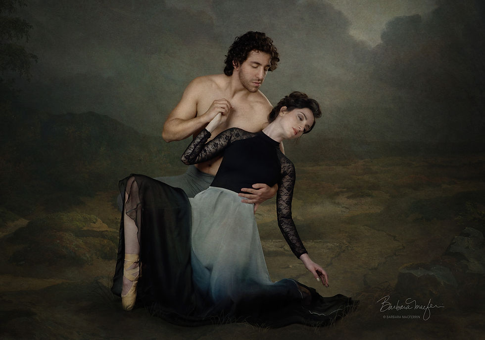 Male dancer holding ballerina against a fine art painted background