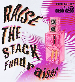 The poster for the Raise the Stack fundraiser, featuring a fluffy pink soundsystem.