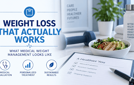 Blog cover photo for the blog "weight loss that actually works" it has some checklist items on a blue background