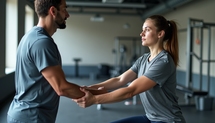 Eye-level view of a sports physiotherapist guiding an athlete through a rehabilitation exercise in a gym setting