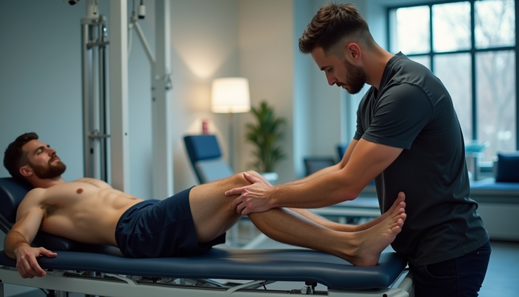 Eye-level view of a sports therapist applying deep tissue massage to an athlete's calf muscle in a bright Cape Town clinic