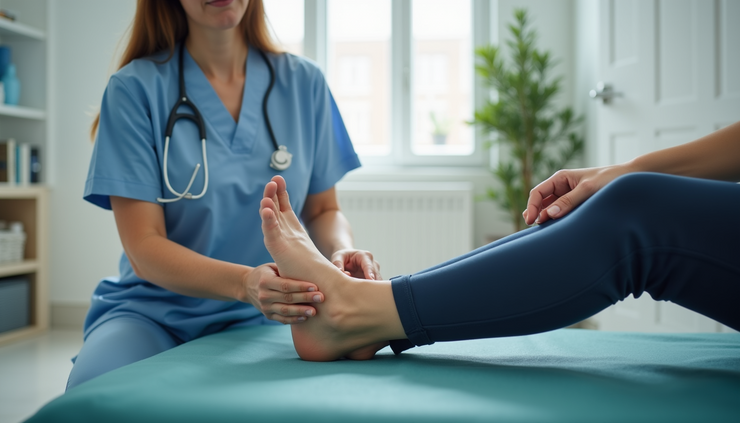 Close-up view of a physiotherapist guiding a patient through ankle mobility exercises in Cape Town clinic